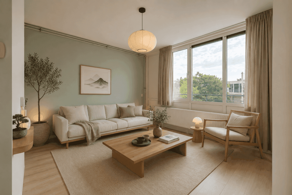 Opgeruimde woonkamer in Amsterdam Noord klaar voor de verkoopfotografie